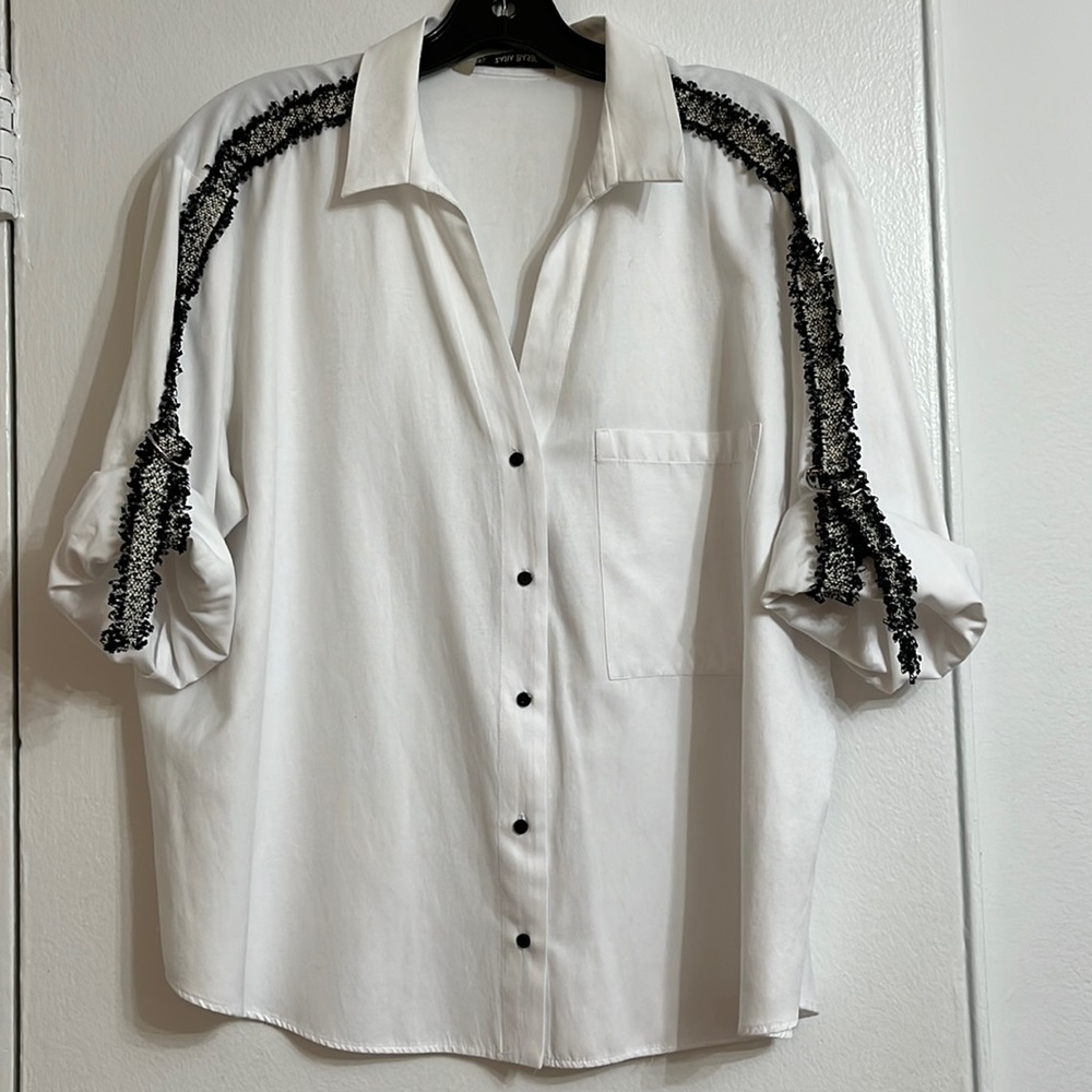 ZARA White button down oversized shirt w tweed arm trim | Sz L